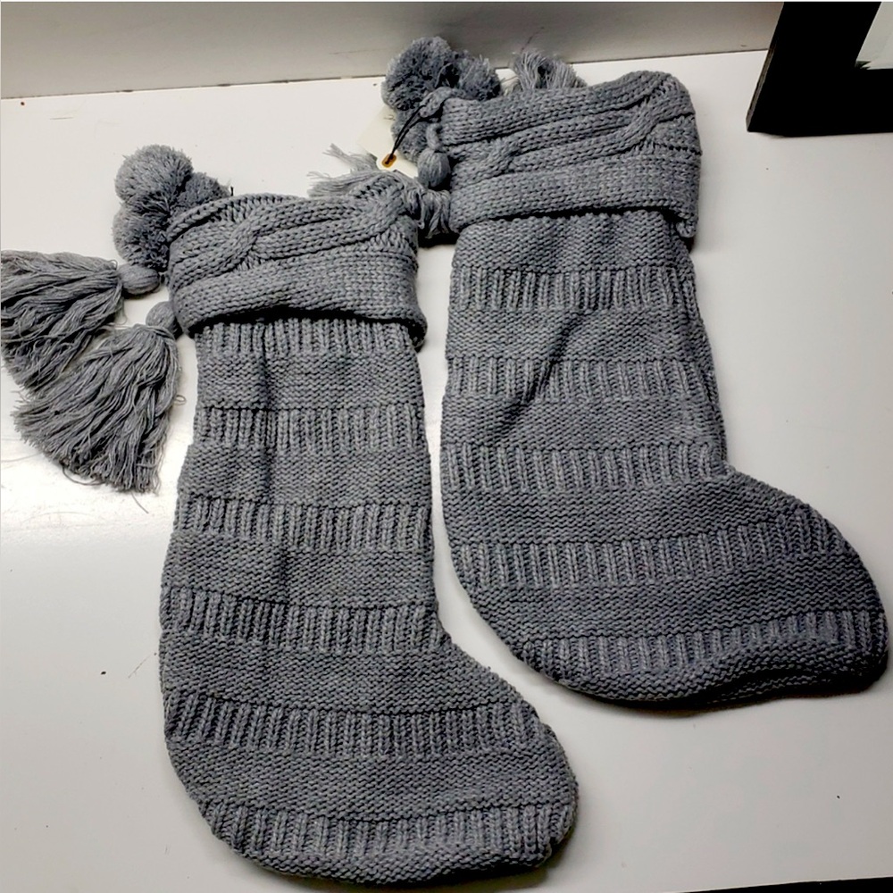 Hearth & Hand Grey Cable Knit Christmas Stockings with Tassels set of 2 NWT‎